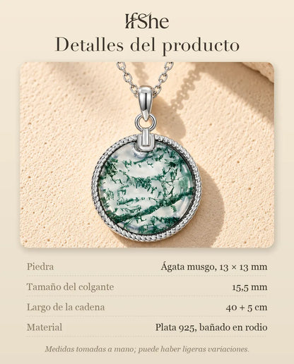 Collar de Ágata Musgosa con Colgante Redondo en Plata 925 - detalles del producto: piedras, tamaño del colgante, largo de la cadena y material