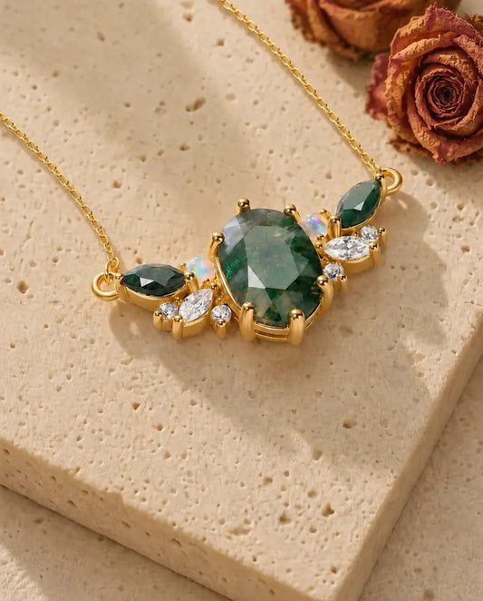 Collar de ágata musgosa – óvalo de 6x8 mm con ópalos y circonitas marquesa, plata de ley 925 con baño de oro 10K