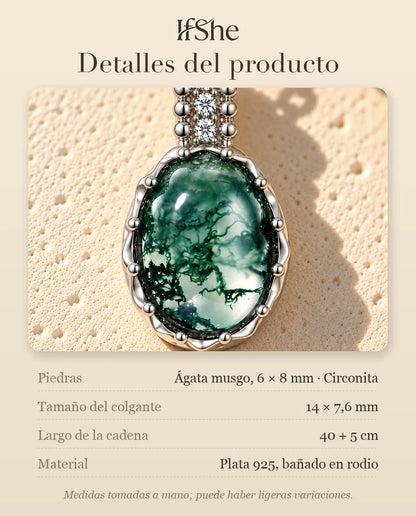 Collar de Ágata Musgosa Ovalada en Plata 925 - detalles del producto: piedras, tamaño del colgante, largo de la cadena y material