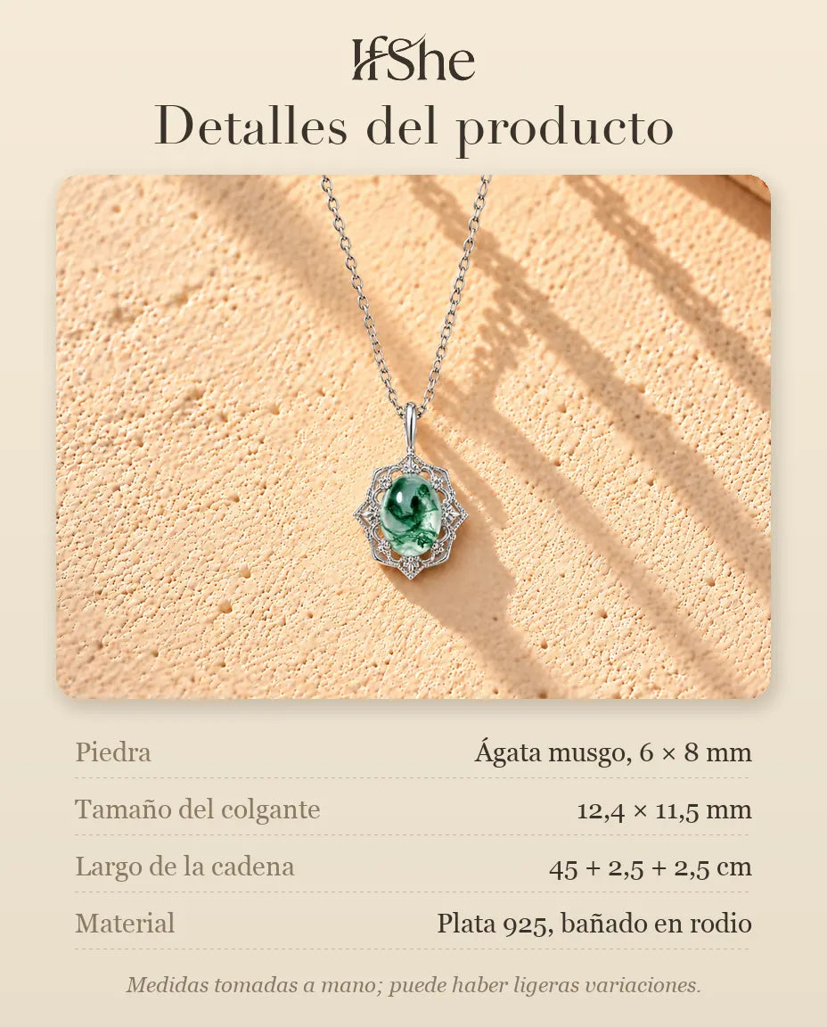 Collar Colgante de Ágata Musgosa Vintage en Plata 925 - detalles del producto: piedras, tamaño del colgante, largo de la cadena y material
