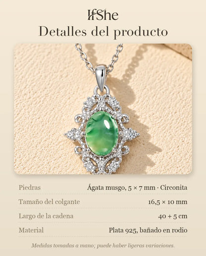 Collar de Ágata Musgosa Ovalada en Plata 925 - detalles del producto: piedras, tamaño del colgante, largo de la cadena y material