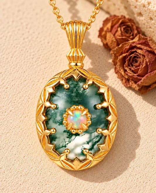 Collar de Ágata Musgosa Ovalada en Plata 925 Chapada en Oro - sobre una superficie clara con textura junto a un bloque de travertino