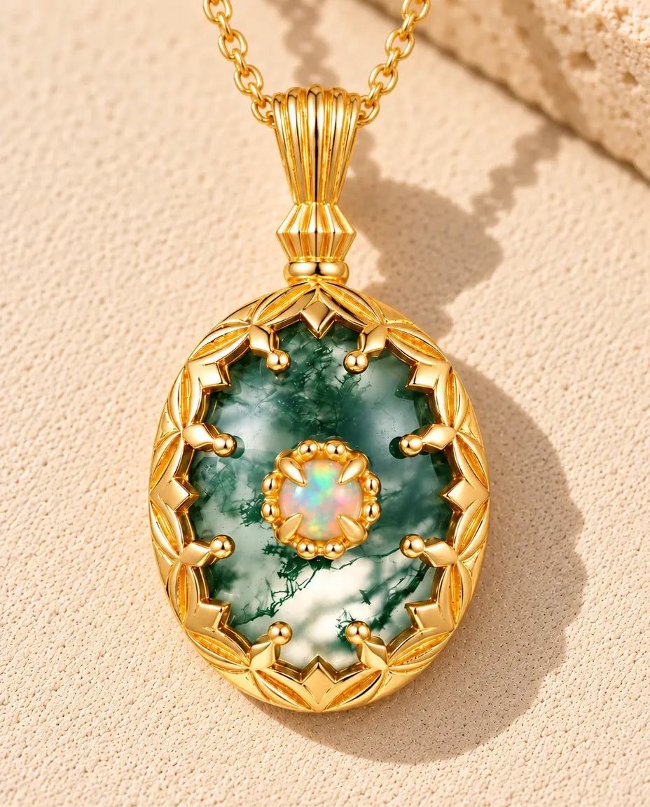 Collar de Ágata Musgosa Ovalada en Plata 925 Chapada en Oro - sobre una superficie clara con textura junto a un bloque de travertino