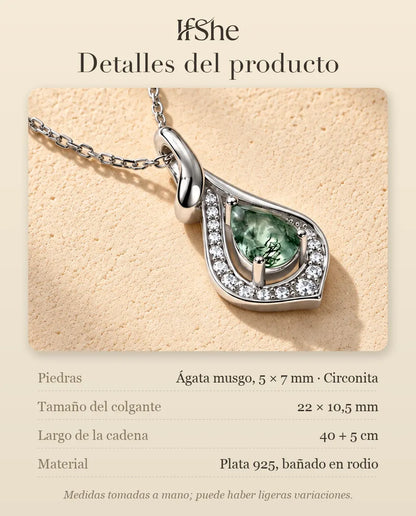 Collar de Ágata Musgosa en Forma de Pera en Plata 925 - detalles del producto: piedras, tamaño del colgante, largo de la cadena y material