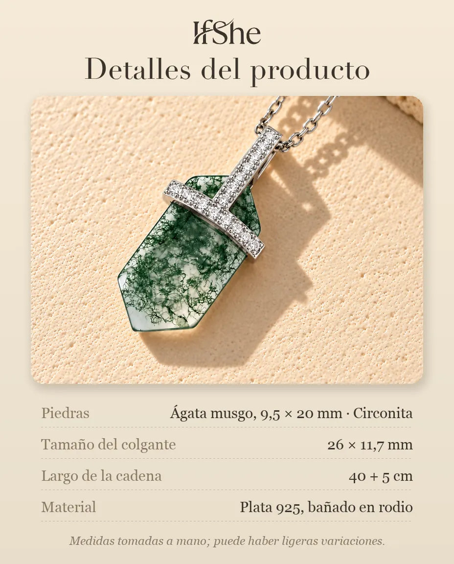 Collar de Ágata Musgosa Hexagonal en Plata 925 - detalles del producto: piedras, tamaño del colgante, largo de la cadena y material