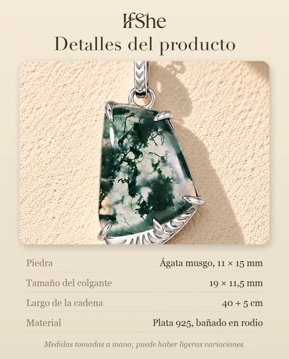 Collar de Ágata Musgosa Forma Libre en Plata 925 - detalles del producto: piedras, tamaño del colgante, largo de la cadena y material