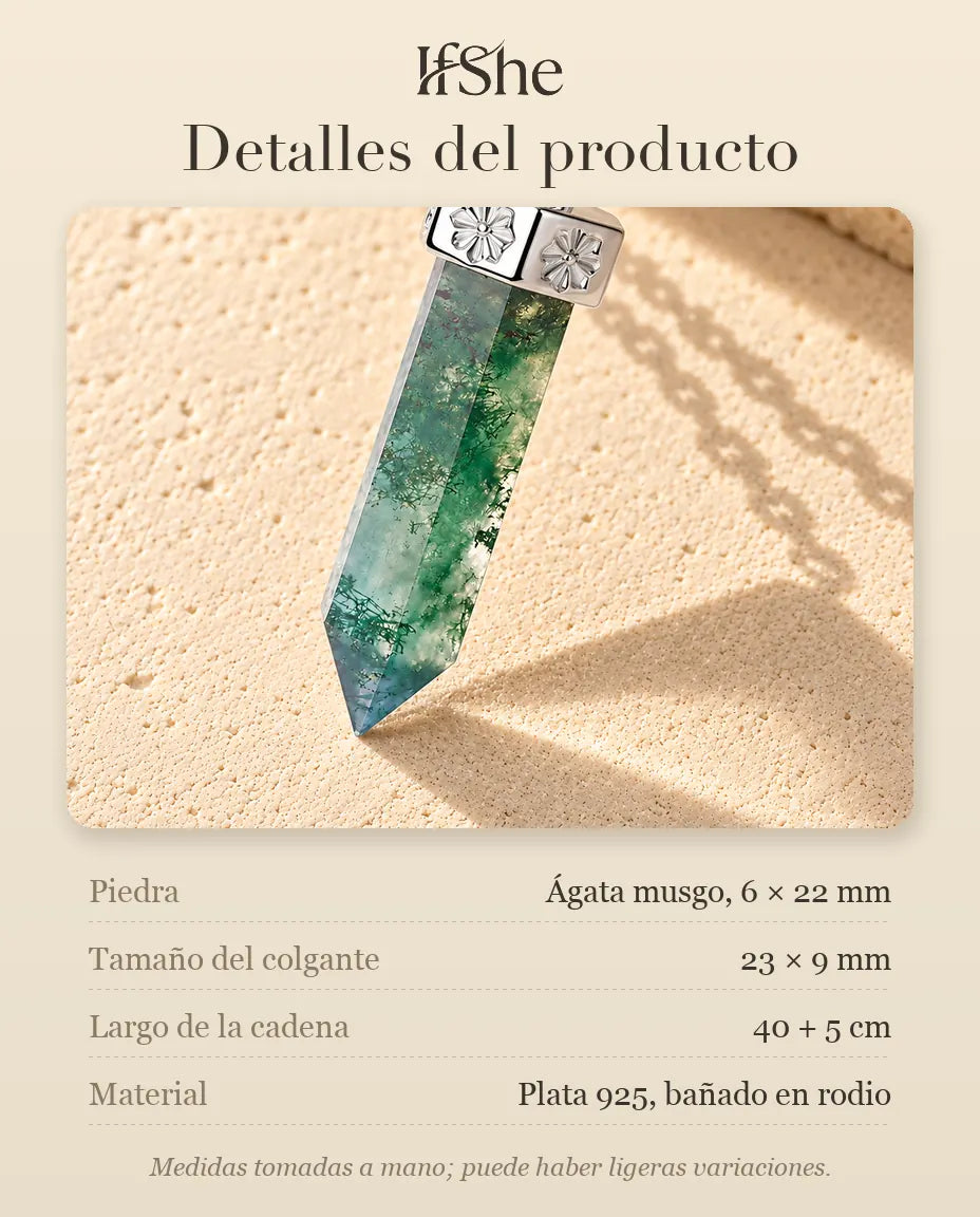 Collar de Ágata Musgosa Punta en Plata 925 - detalles del producto: piedras, tamaño del colgante, largo de la cadena y material