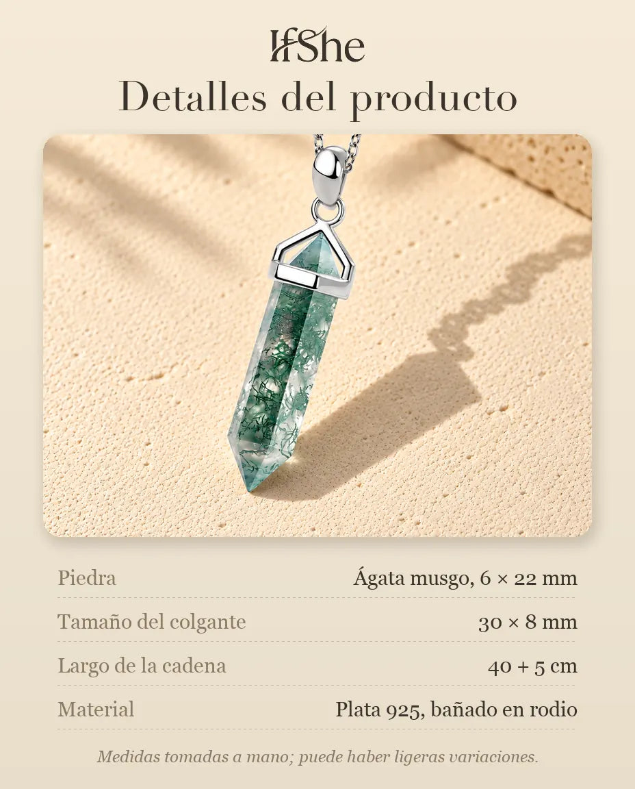 Collar de Ágata Musgosa Punta Hexagonal en Plata 925 - detalles del producto: piedras, tamaño del colgante, largo de la cadena y material