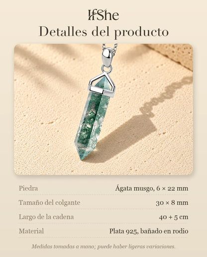 Collar de Ágata Musgosa Punta Hexagonal en Plata 925 - detalles del producto: piedras, tamaño del colgante, largo de la cadena y material
