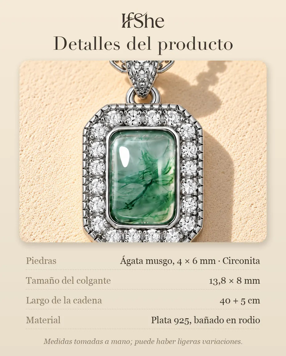 Collar de Ágata Musgosa Halo en Plata 925 - detalles del producto: piedras, tamaño del colgante, largo de la cadena y material