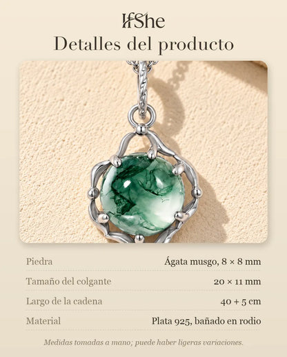 Collar de Ágata Musgosa Redonda en Plata 925 - detalles del producto: piedras, tamaño del colgante, largo de la cadena y material
