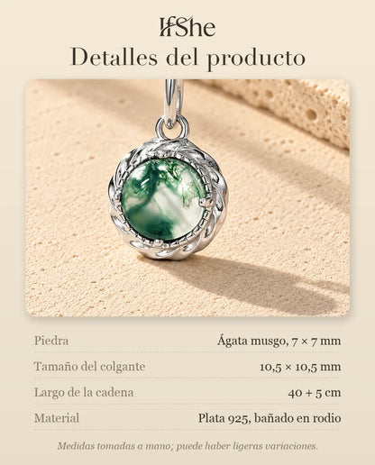 Collar con Colgante de Ágata Musgosa Redonda en Plata 925 - detalles del producto: piedras, tamaño del colgante, largo de la cadena y material