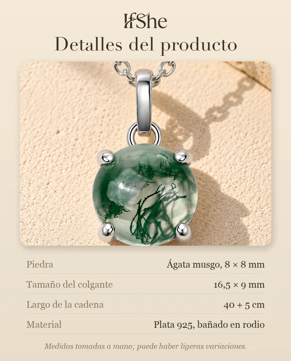 Collar de Ágata Musgosa Redonda en Plata 925 - detalles del producto: piedras, tamaño del colgante, largo de la cadena y material