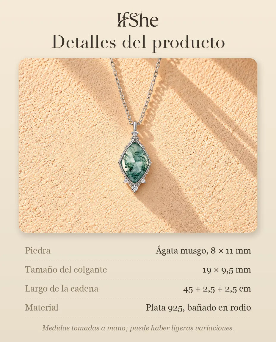 Collar de Ágata Musgosa en Rombo en Plata 925 - detalles del producto: piedras, tamaño del colgante, largo de la cadena y material