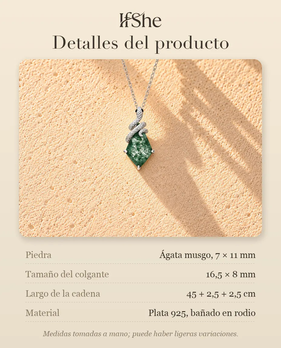 Collar de Ágata Musgosa con Serpiente en Plata 925 - detalles del producto: piedras, tamaño del colgante, largo de la cadena y material