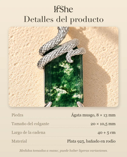 Collar de Ágata Musgosa con Serpiente en Plata 925 - detalles del producto: piedras, tamaño del colgante, largo de la cadena y material
