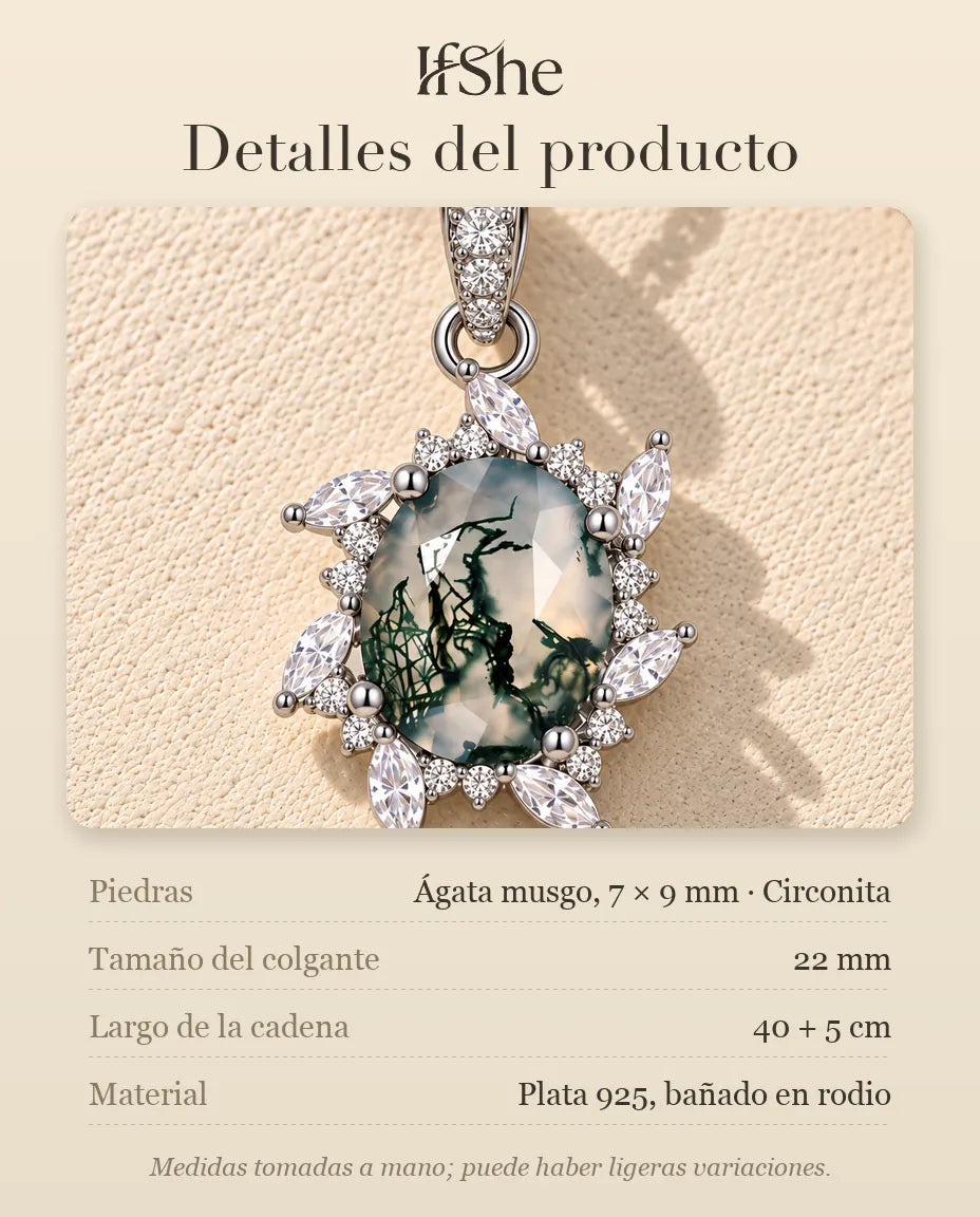 Collar de Ágata Musgosa Sol en Plata 925 - detalles del producto: piedras, tamaño del colgante, largo de la cadena y material