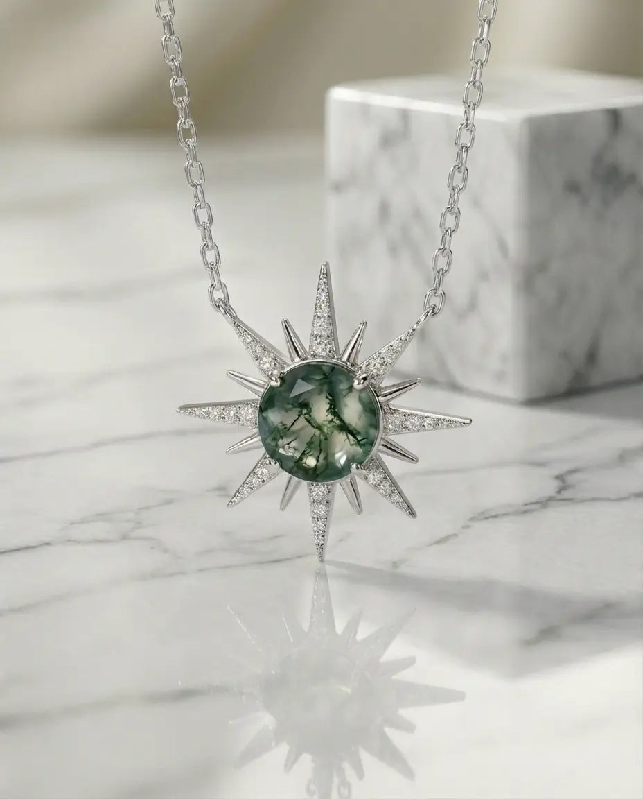 Collar de ágata musgosa – colgante sol con circonitas, piedra redonda en plata de ley 925