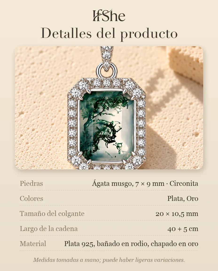 Collar de Ágata Musgosa Talla Esmeralda en Plata 925 - detalles del producto: piedras, tamaño del colgante, largo de la cadena y material