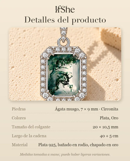 Collar de Ágata Musgosa Talla Esmeralda en Plata 925 - detalles del producto: piedras, tamaño del colgante, largo de la cadena y material