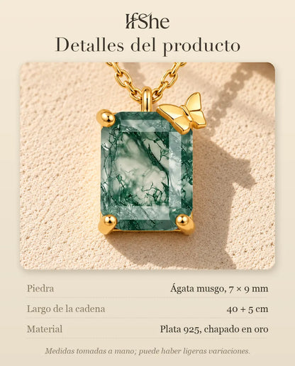 Collar de Ágata Musgosa en Plata 925 Chapada en Oro - detalles del producto: tamaño de la piedra, largo de la cadena y material