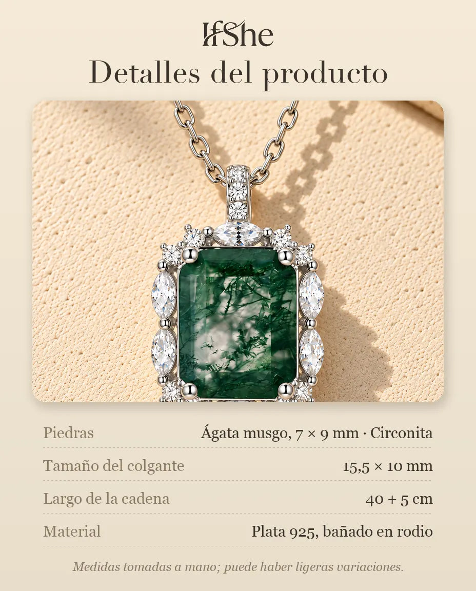 Collar de Ágata Musgosa Talla Esmeralda en Plata 925 - detalles del producto: piedras, tamaño del colgante, largo de la cadena y material