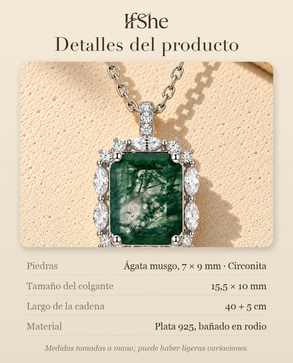 Collar de Ágata Musgosa Talla Esmeralda en Plata 925 - detalles del producto: piedras, tamaño del colgante, largo de la cadena y material