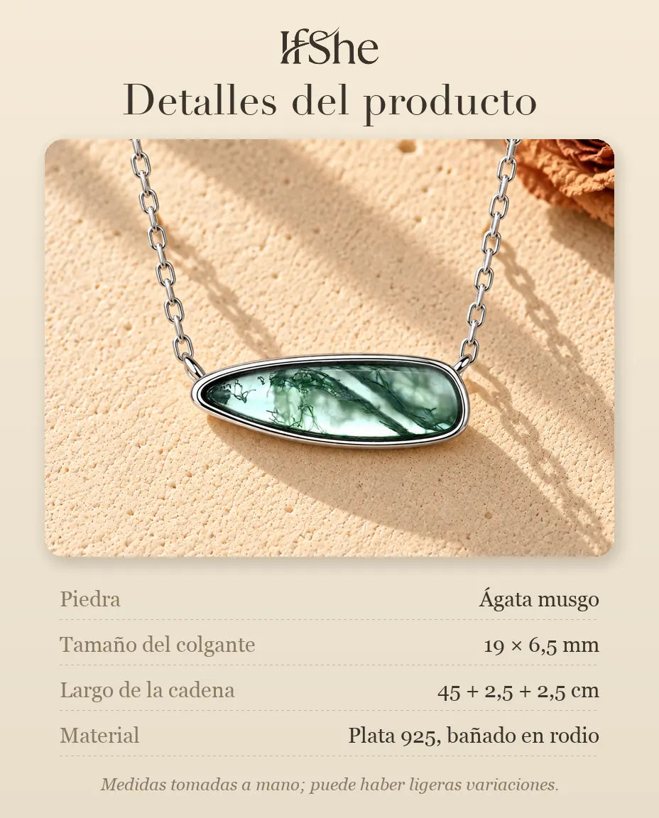 Collar Barra de Ágata Musgosa en Plata 925 - detalles del producto: piedras, tamaño del colgante, largo de la cadena y material