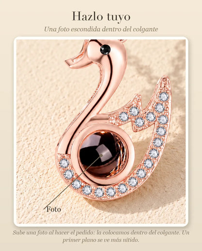 Guía de personalización que muestra dónde va tu foto dentro de la bola del collar de cisne