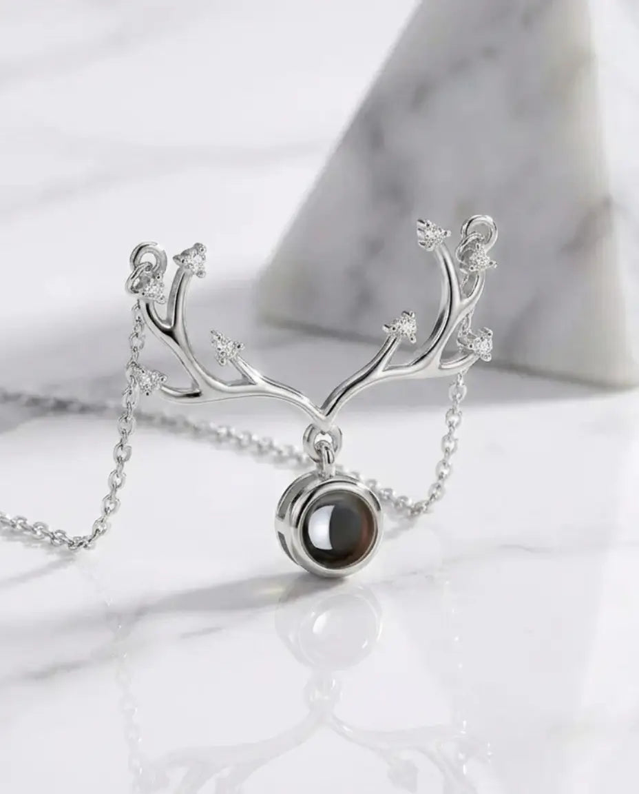 Collar con foto dentro – colgante de asta de ciervo con circonitas, en plata de ley 925 o cobre, regalo recuerdo
