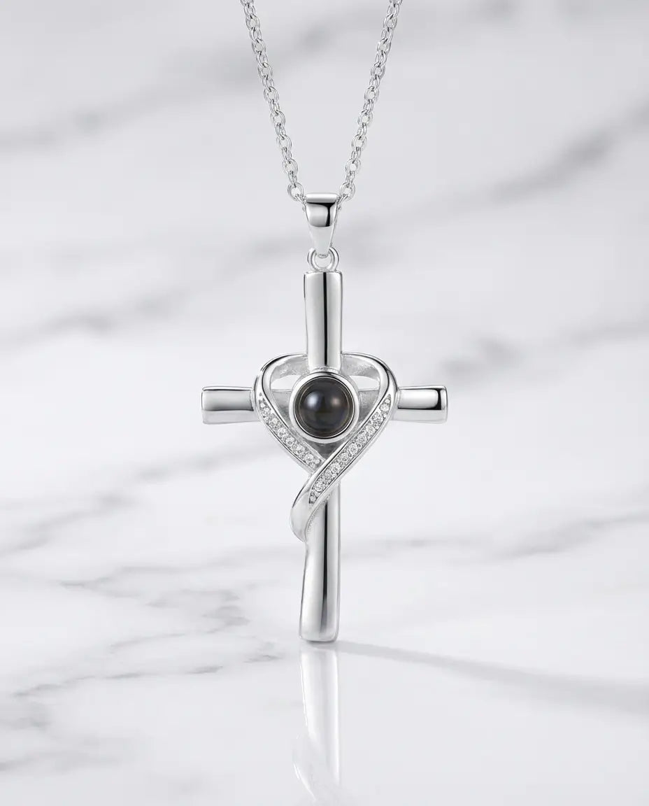 Collar con foto dentro – colgante de cruz y corazón de circonitas en plata de ley 925