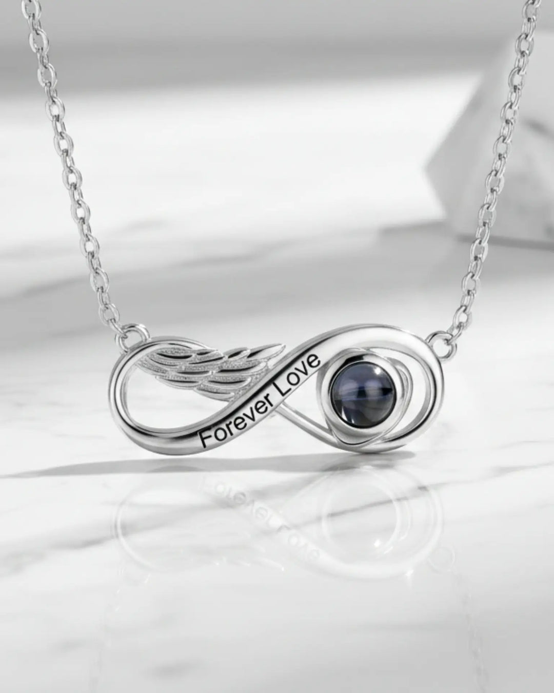 Collar con foto dentro – colgante infinito con ala, grabado personalizado, regalo para ella
