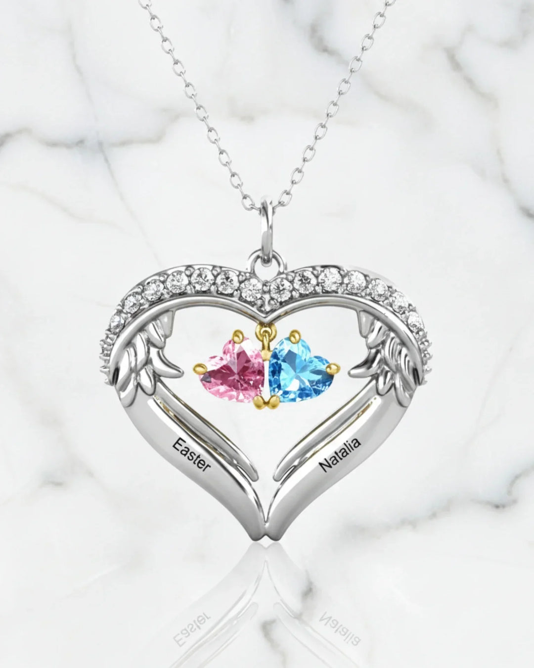 Collar con nombre – corazón con alas en plata de ley 925, de 1 a 6 nombres y piedras de nacimiento, regalo para mamá