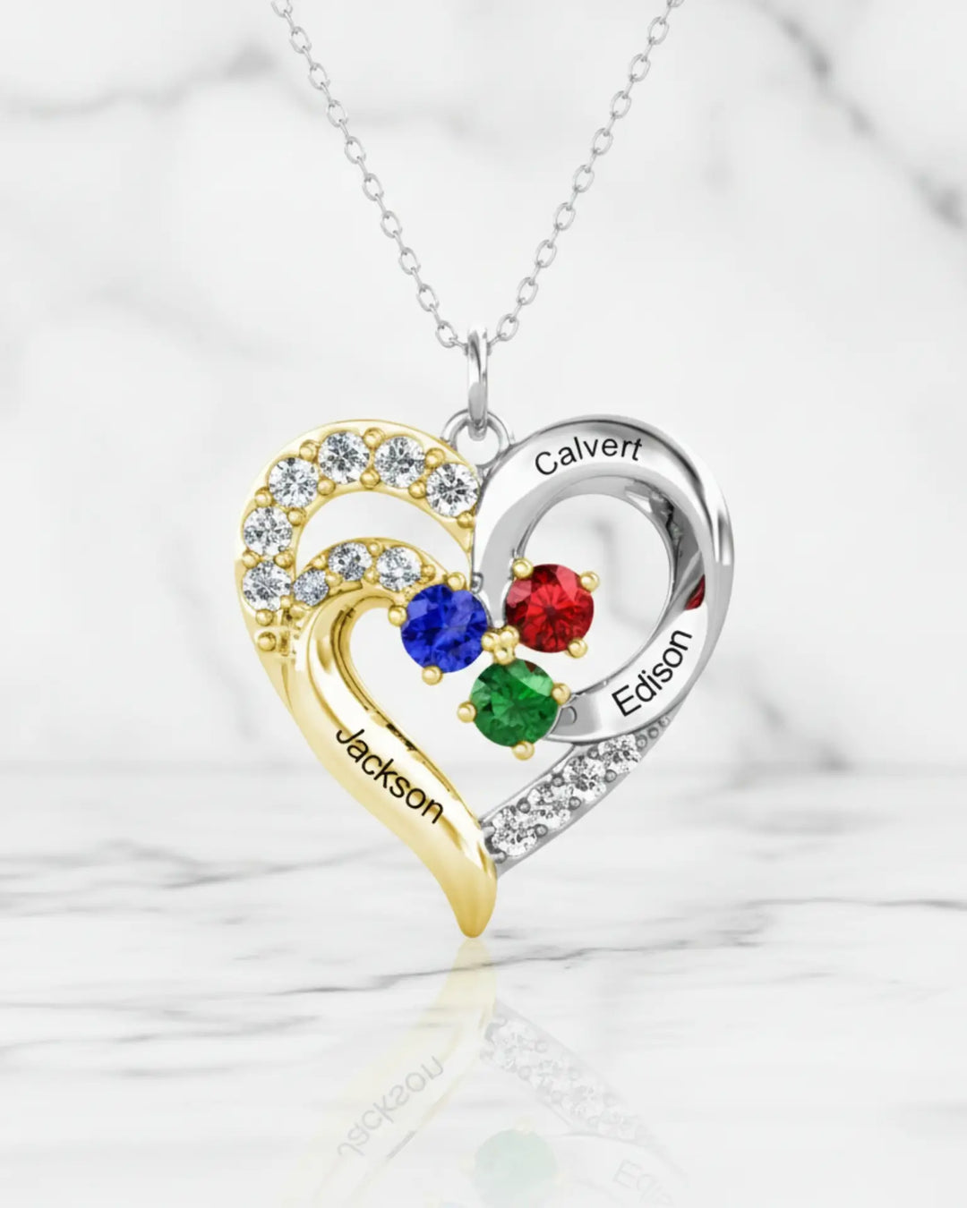 Collar con nombre – corazón bicolor de plata de ley 925 con detalles dorados, hasta 5 nombres y piedras de nacimiento