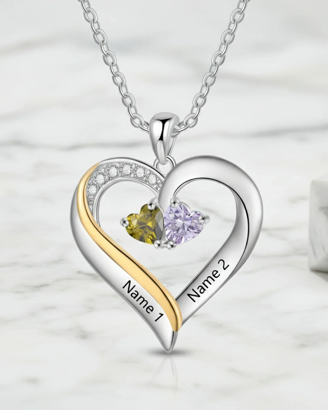Collar con nombre – corazón de plata de ley 925 con dos nombres grabados y piedras de nacimiento, regalo para ella