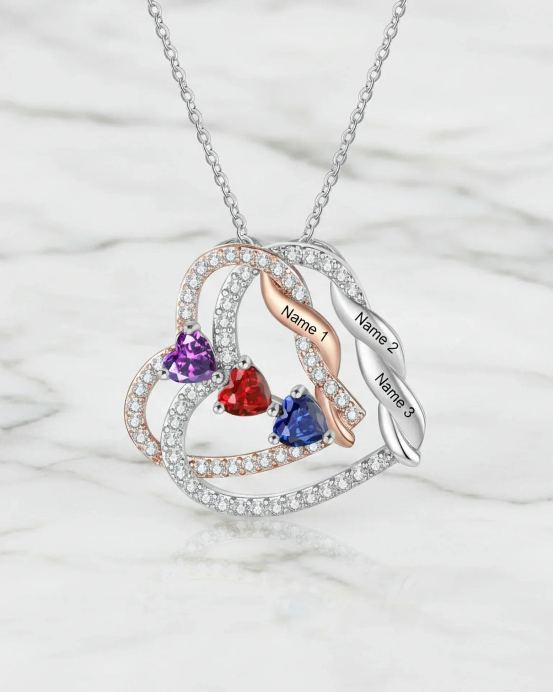 Collar con nombre – doble corazón en cobre con 2 a 4 nombres grabados y piedras de nacimiento, regalo para mamá