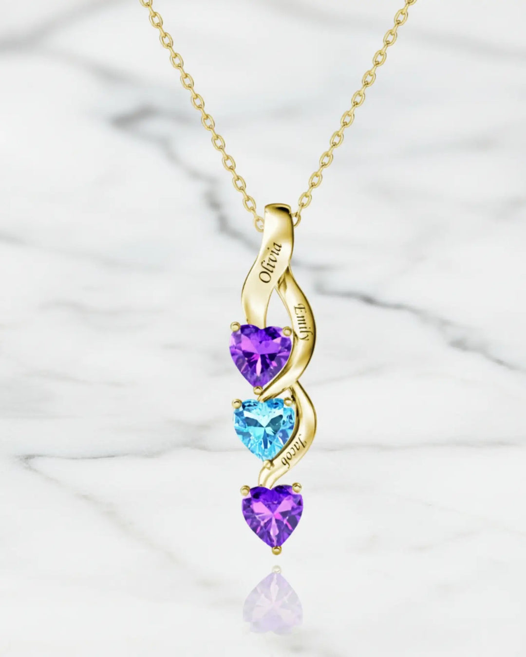 Collar con nombre – infinito con tres corazones y piedras de nacimiento, plata de ley 925 en tono plata o dorado