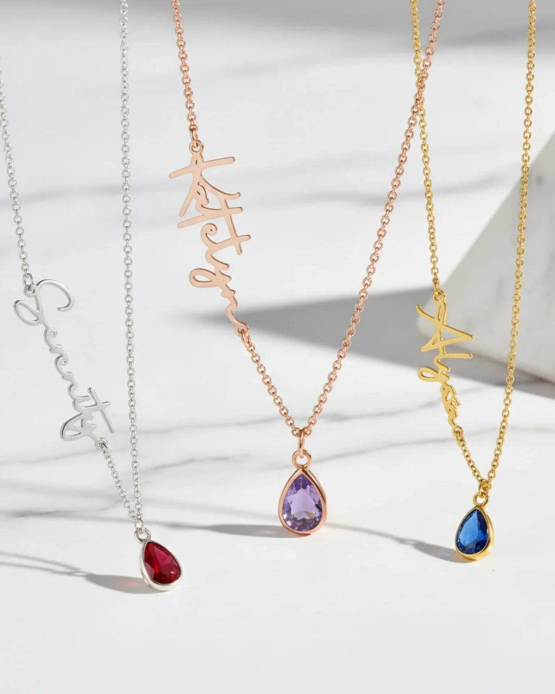 Collar con nombre y piedra de nacimiento en circonita – colgante personalizado en plateado, dorado u oro rosa