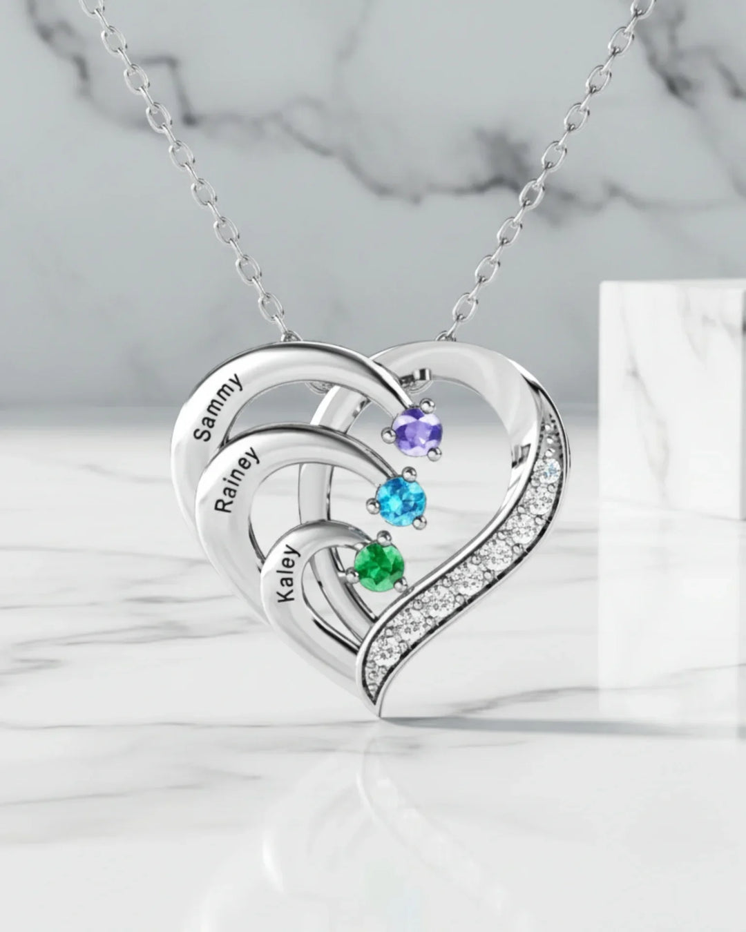 Collar personalizado con corazón de plata 925 — 3 nombres grabados y 3 piedras de nacimiento, regalo para mamá