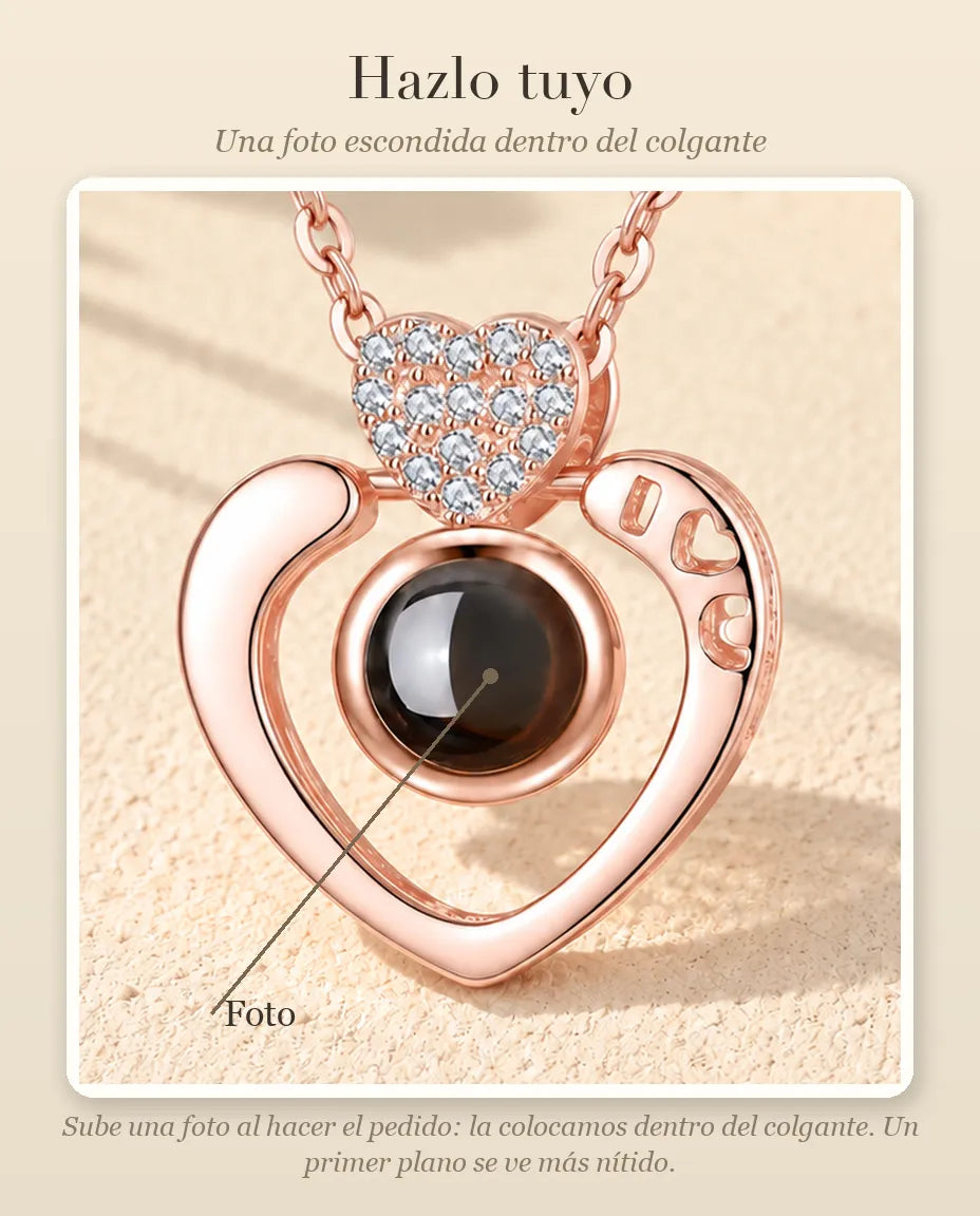 Guía de personalización que muestra dónde va tu foto dentro de la bola del collar de corazón abierto