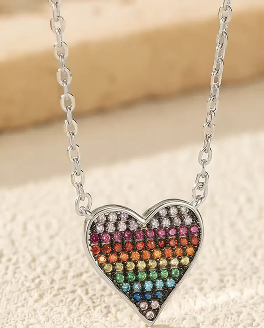 Collar Corazón Arcoíris - colgante con pavé en degradado de circonitas, cadena 40+5 cm, plata de ley 925