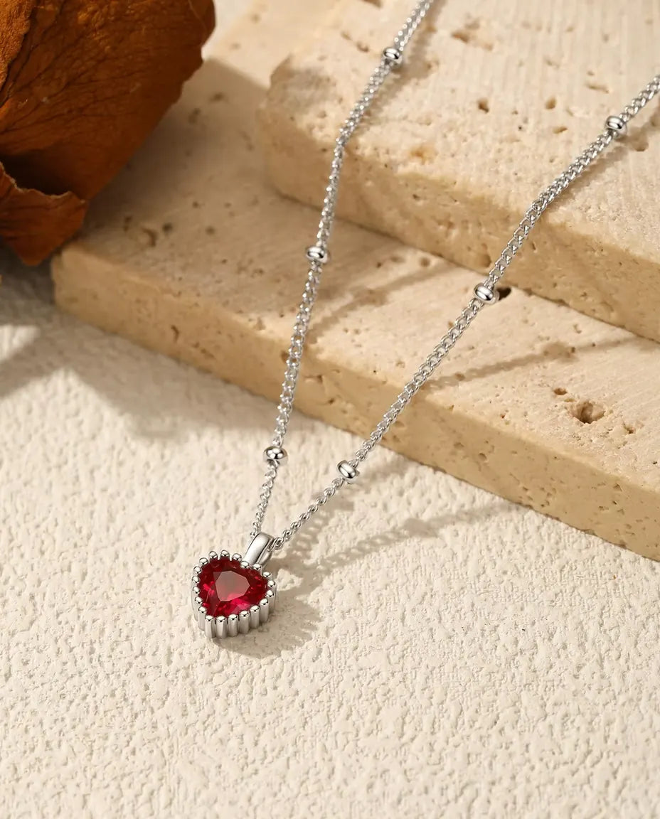 Collar Corazón Circonita Roja – colgante de 5 mm con engaste perlado, en plata de ley 925, cadena de bolitas 40+5 cm