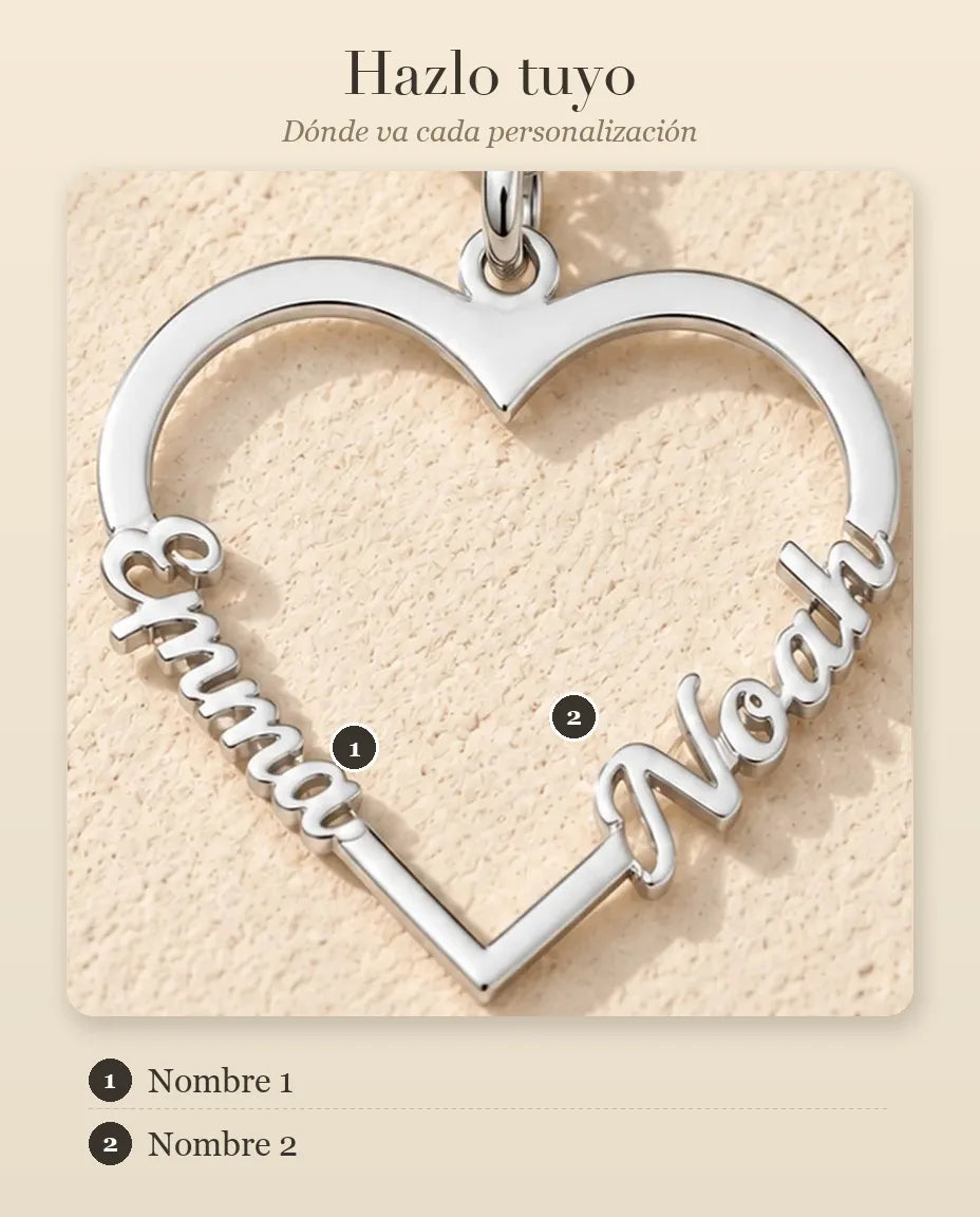 Collar Corazón con Dos Nombres en Plata de Ley 925 - guía de personalización: dónde va el nombre