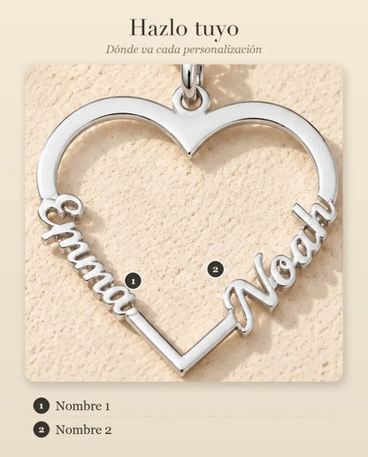 Collar Corazón con Dos Nombres en Plata de Ley 925 - guía de personalización: dónde va el nombre