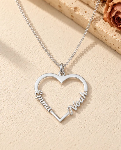 Collar Corazón con Dos Nombres en Plata de Ley 925 - vista frontal en plata