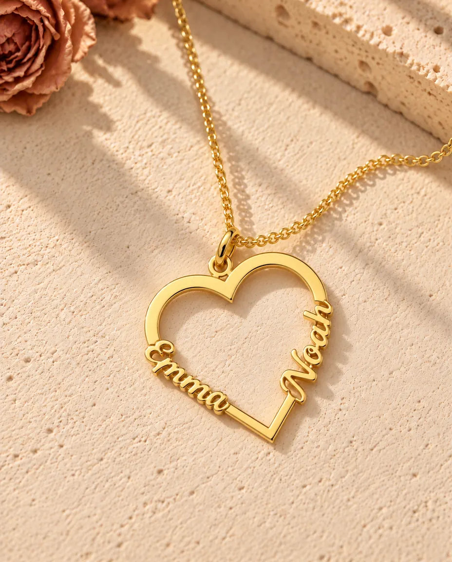 Collar Corazón con Dos Nombres en Plata de Ley 925 - acabado en oro