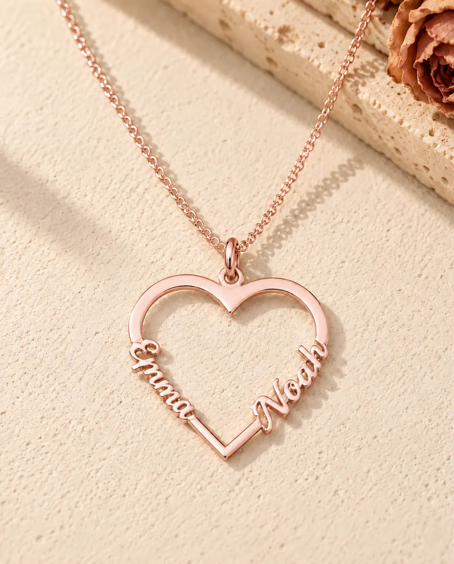 Collar Corazón con Dos Nombres en Plata de Ley 925 - acabado en oro rosa