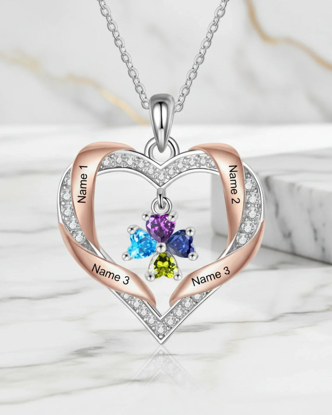 Collar de corazón para la familia – de 2 a 4 nombres grabados con piedras de nacimiento, baño de oro blanco