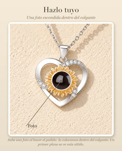 Guía de personalización que muestra dónde va tu foto dentro de la bola del collar de corazón con girasol
