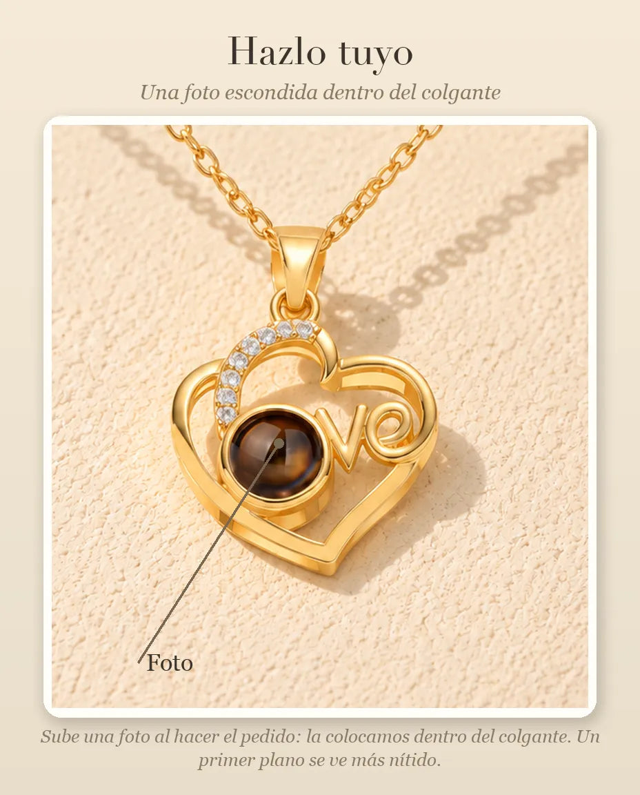 Guía de personalización que muestra dónde va tu foto dentro de la bola del collar de corazón Love